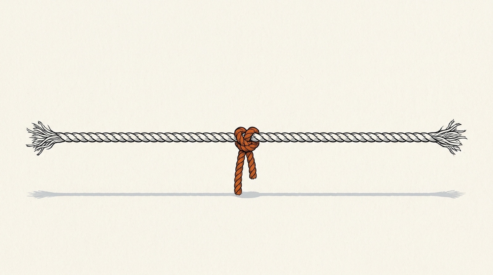 Illustration: a taut tug-of-war rope frayed at both ends with an orange marker knot hanging at the center