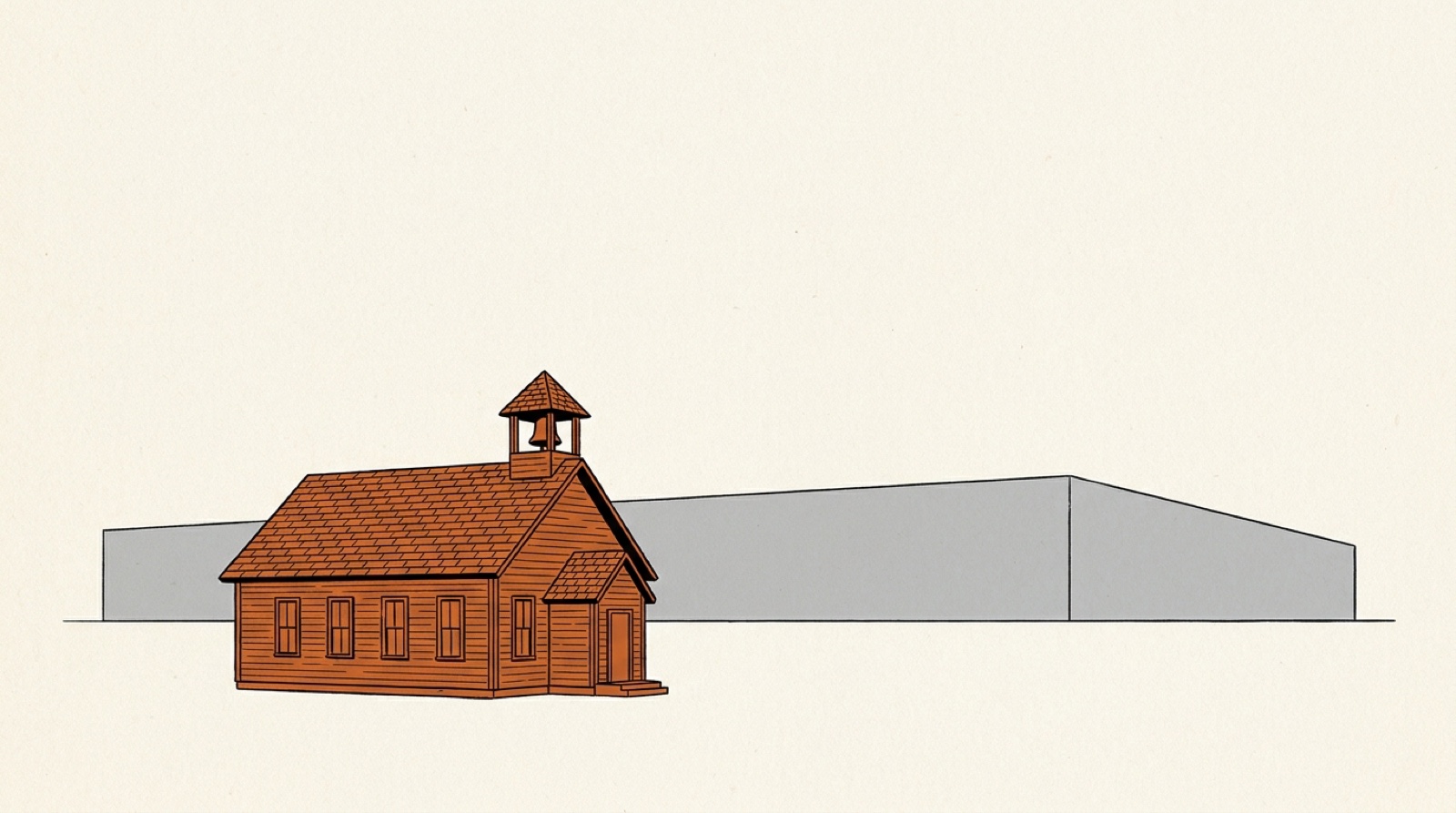 Illustration: a small orange one-room schoolhouse in front of a huge plain gray data center building