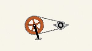 Illustration: a bicycle drivetrain with a large orange chainring driving a small gray rear cog