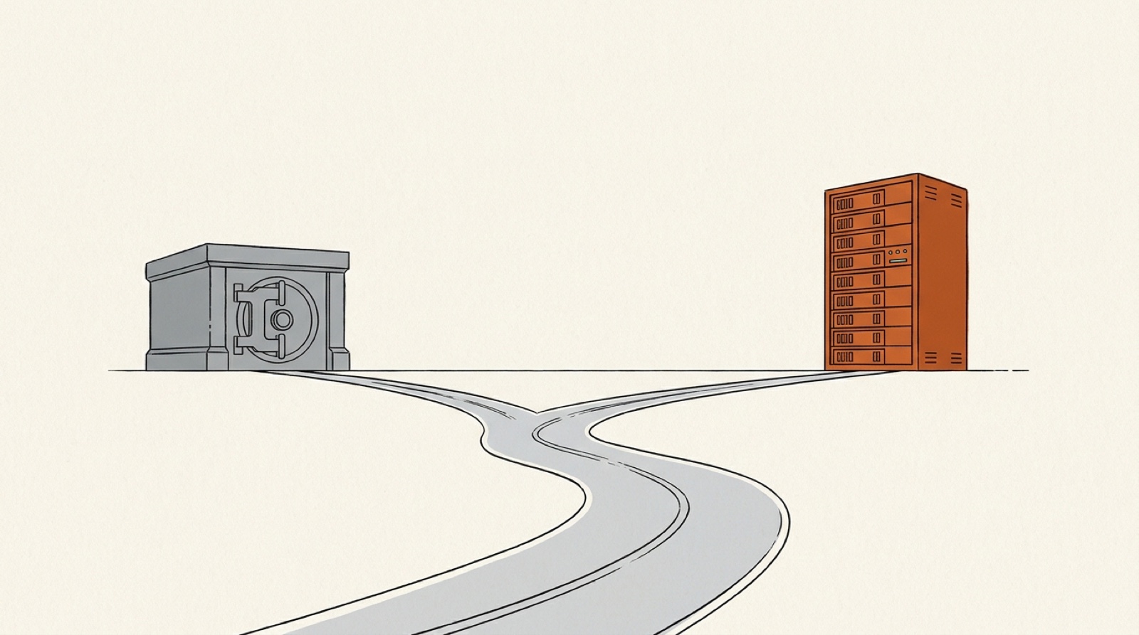 Illustration: a road splitting in two, one branch leading to a gray vault and the other to an orange server rack