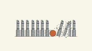 Illustration: a row of gray refinery towers being knocked over like bowling pins by an orange ball