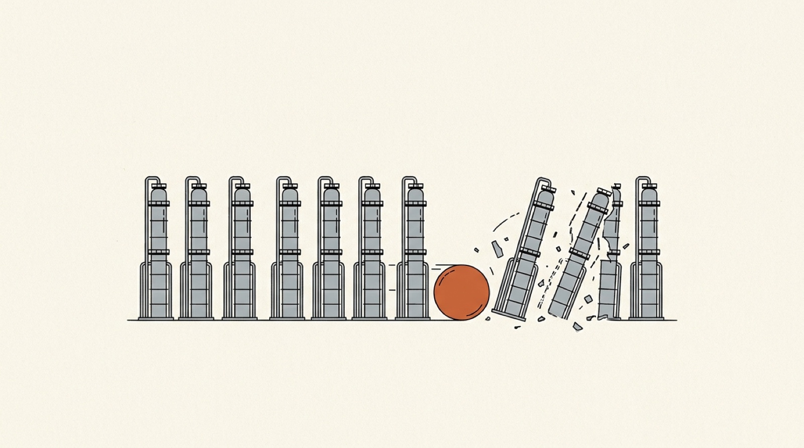 Illustration: a row of gray refinery towers being knocked over like bowling pins by an orange ball