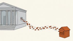 Illustration: a stream of orange coins flowing out of a side chute in a columned gray bank toward a small orange kiosk