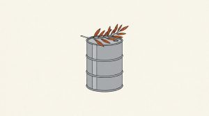 Illustration: an orange olive branch resting on top of a gray oil drum