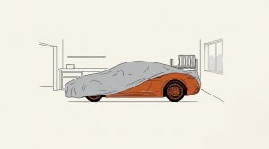 Illustration: a fast orange sports car half covered by a gray dust sheet in a quiet garage