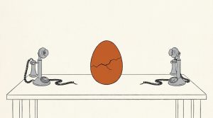 Illustration: a cracking orange egg on a table between two old candlestick telephones with their cords cut