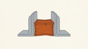 Illustration: a small orange wooden box bowing as two heavy gray bookends press in from both sides