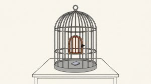 Illustration: a gray birdcage on a lab table with a small chip inside and an orange door latched shut