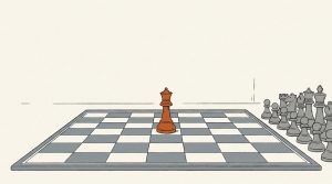 Illustration: a single orange queen standing on a chessboard while the gray pieces have been set aside