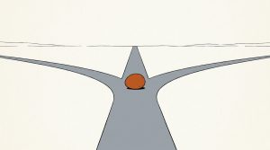 Illustration: a single path splitting into three directions with an orange stone at the junction