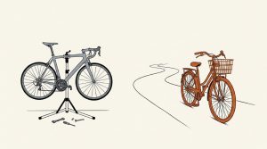 Illustration: a gray racing bicycle clamped in a repair stand while a plain orange bicycle with a basket heads down the road