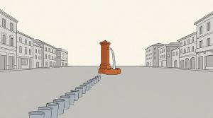 Illustration: an orange public drinking fountain in a town square with a long line of gray cups waiting