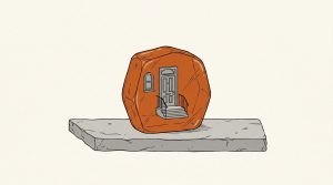 Illustration: a tiny apartment front door and stoop preserved inside an orange block of amber on a stone ledge