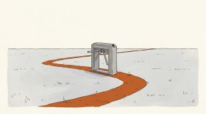 Illustration: a gray turnstile standing alone in an open field while an orange path curves around it