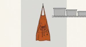 Illustration: a well-worn orange work apron hanging on a hook in a kitchen beside plain gray serving pans