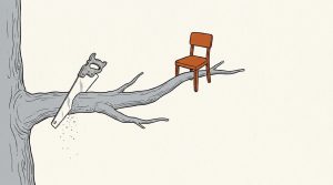 Illustration: a saw cutting into a tree branch near the trunk while an orange chair sits on the far end of the same branch