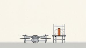 Illustration: a gray drone parked on the ground beside a workbench where a single orange battery cell stands inside scaffolding