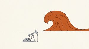 Illustration: a small gray oil pump jack in front of a much larger orange ocean wave rising behind it