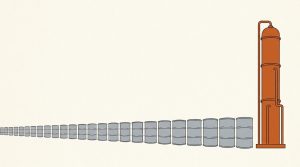 Illustration: a long line of gray oil drums waiting in a queue in front of a single tall orange refinery column