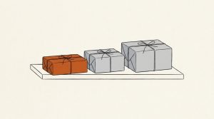 Illustration: three wrapped parcels lined up on a shelf by size, the nearest and smallest one orange