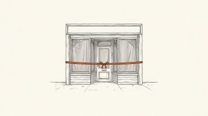 Illustration: a dusty shop front with cobwebbed windows and an orange opening-day ribbon still stretched across the door