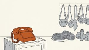 Illustration: an orange desk telephone sitting silent on a crate beside coiled wire, pipe fittings and tool belts hanging ready