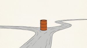 Illustration: an orange oil drum standing exactly where a road splits into two paths going opposite ways
