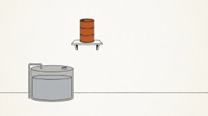 Illustration: an orange oil drum perched on a high wall shelf above a refilled gray storage tank on the floor