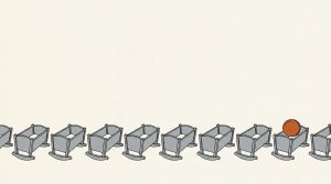 Illustration: a long row of identical gray cradles with a single orange coin resting in just one of them