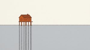 Illustration: an orange house on tall stilts with gray floodwater risen almost to its floor