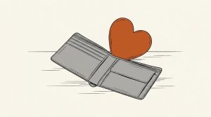 Illustration: an open gray wallet with an orange heart shape sticking out where the cash would be