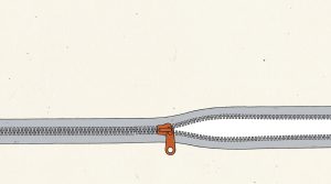 Illustration: a long gray zipper partly open with a wide gap between its two sides and an orange pull tab