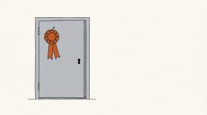 Illustration: an orange first-place rosette pinned to a closed gray door that has only a keyhole
