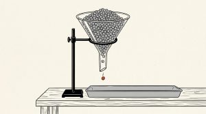 Ink illustration: a glass funnel on a lab stand is heaped full of gray metal pellets, while a single orange pellet drops from its narrow neck toward an empty tray.