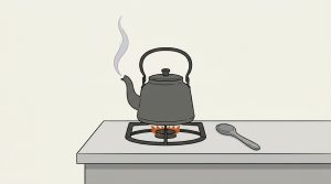 Ink illustration: a cast-iron kettle on a gas burner with a small orange flame and a thin curl of steam rising from its spout, a wooden spoon resting untouched on the counter beside it.