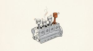 Ink illustration: a gray engine block with four pistons rising mid-stroke, the tallest piston in orange, and a thin wisp of warm air above it.