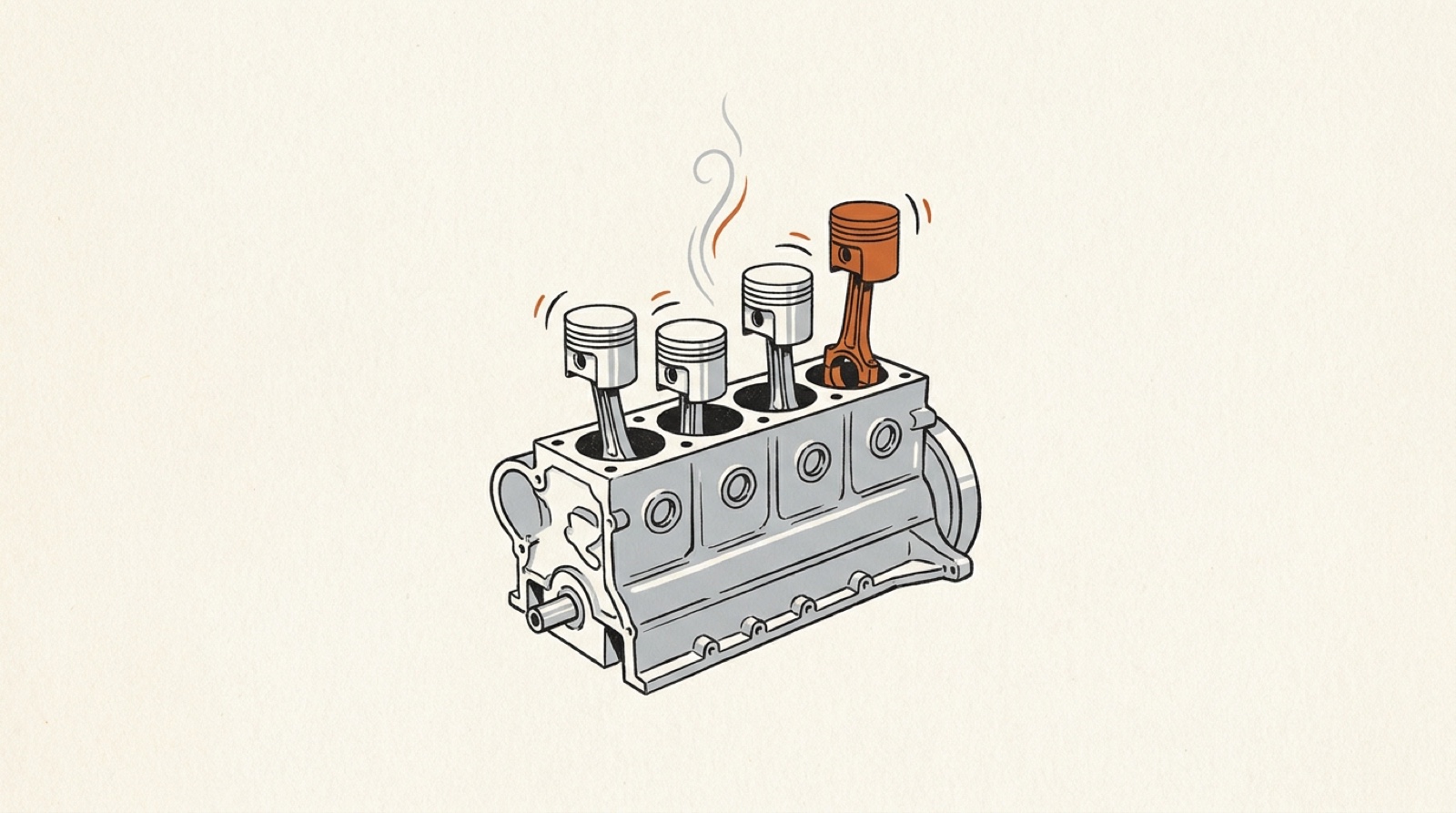 Ink illustration: a gray engine block with four pistons rising mid-stroke, the tallest piston in orange, and a thin wisp of warm air above it.