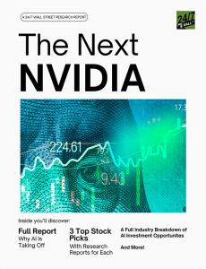 A financial research report cover with the title 'The Next NVIDIA' in large black font. The background features a green and blue digital abstract pattern layered over a partial image of a U.S. dollar bill, showing Benjamin Franklin's eye and face. Overlaying this are glowing green stock market charts with lines and bar graphs, along with numerical values like 224.61, 79.7, 9.43, and 17.3. A white oval banner at the top reads 'A 24/7 WALL STREET RESEARCH REPORT'. In the top right corner is a green and black logo for '24/7 WALL ST.'. Below the main image, text reads 'Inside you'll discover: Full Report Why AI Is Taking Off, 3 Top Stock Picks With Research Reports for Each, A Full Industry Breakdown of AI Investment Opportunites And More!'.