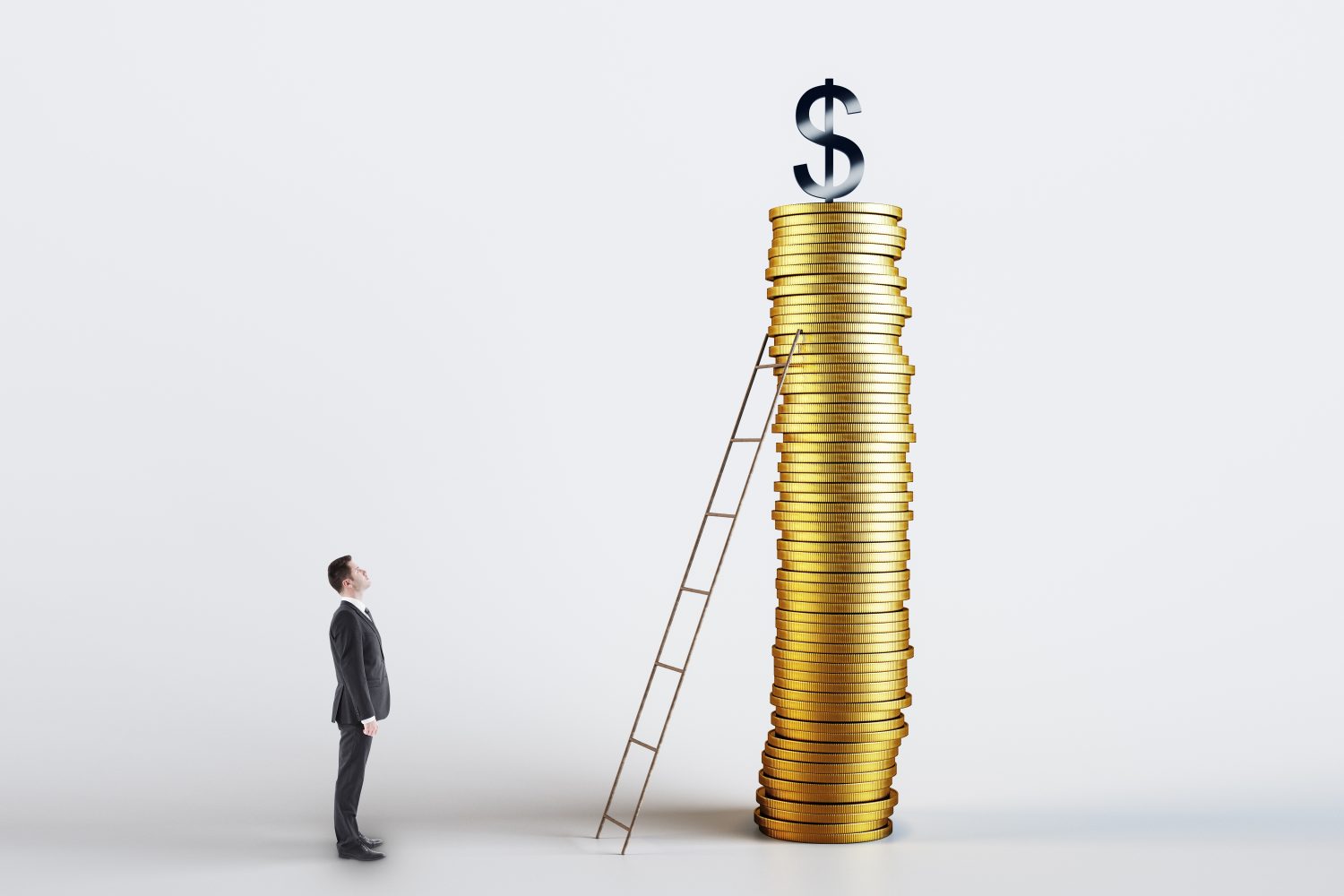 A businessman in a dark suit stands on the left, looking up at a very tall stack of gold coins on the right. A silver dollar sign sits on top of the coin stack. A wooden ladder leans against the stack of coins, reaching towards the top. The background is a clean, bright white.