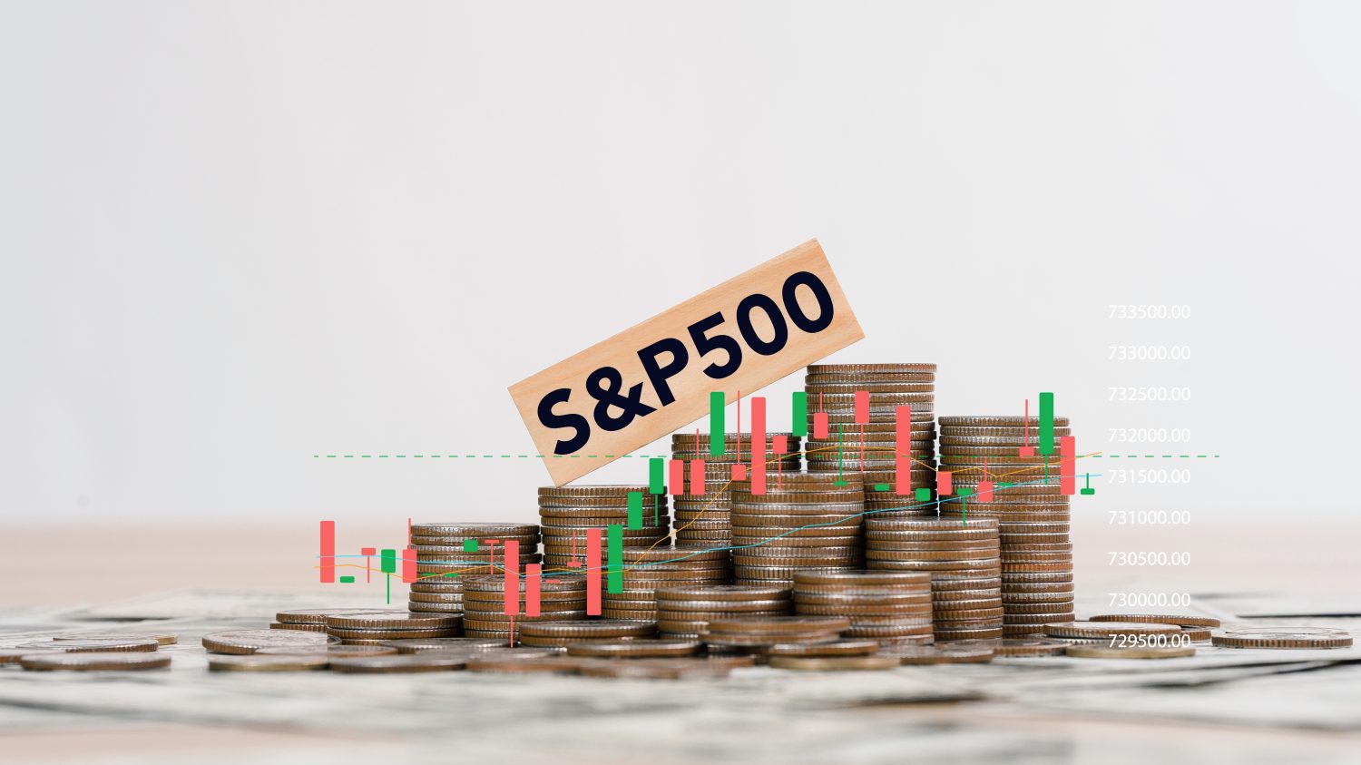 A wooden block with 'S&P 500' in black text rests diagonally on stacks of silver and gold coins. Behind and around the coins, a green and red candlestick chart is overlaid, showing market fluctuations against a light grey background with white numerical values on the right axis. Cash is visible beneath the scattered coins.