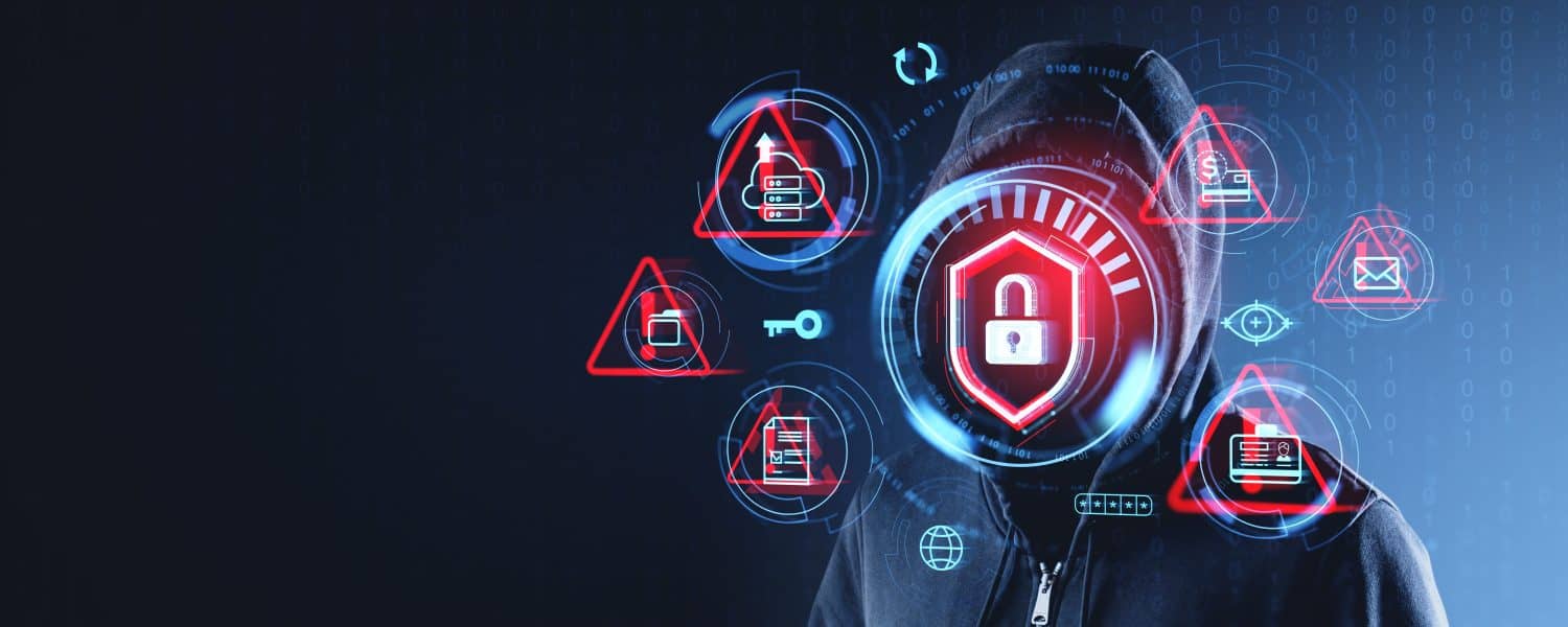 A digital graphic of a person in a dark hooded jacket, with their face obscured, set against a background of dark blue and binary code. The figure is encircled by glowing red and blue holographic icons, including a cloud with an upload arrow, a folder, a key, a prominent red shield with a white padlock on the chest, a document with a dollar sign, an email envelope, an eye with a plus sign, an identity card, a globe, and a refresh symbol, all conveying cybersecurity, threats, and data vulnerability.
