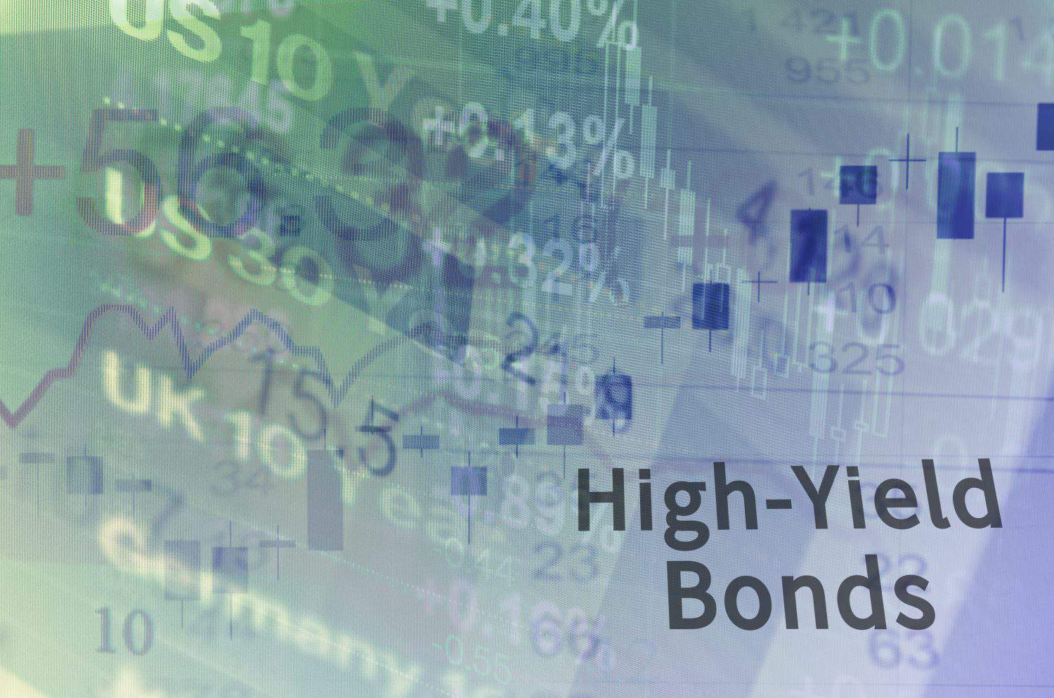 Dark grey text reading 'High-Yield Bonds' is overlaid on a blurred background composed of various financial charts. The charts display numbers, percentages, line graphs, and bar graphs in translucent green and blue hues, creating a deep and complex visual of market data.
