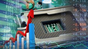 A composite image showing a close-up of an empty CPU socket on a green circuit board with gold and black pins. Translucent financial data overlays the image, displaying dollar amounts, percentage changes, and a green line graph. In the foreground, a red 3D arrow points sharply upwards from a blue and white bar chart, signifying growth and positive market trends.