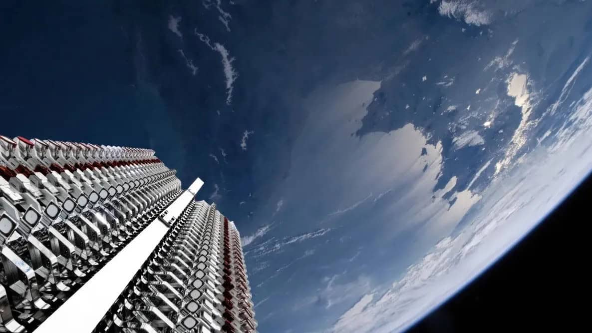 A wide-angle view from space shows countless white and metallic satellites arranged in long, stacked columns, appearing to launch or deploy against the backdrop of Earth's curved horizon. The blue atmosphere transitions to the dark void of space, with scattered clouds visible on the planet's surface.