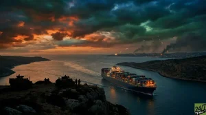 An aerial view of a large container ship sailing through a narrow blue-green strait at dusk. On the left, two military armored vehicles and several silhouettes of soldiers are positioned on the rocky, dark coastline. In the far distance on the right, across the water, a city skyline is visible with multiple fiery explosions, smoke plumes, and missile trajectories against a dark, stormy sky with vibrant orange and red hues near the horizon.